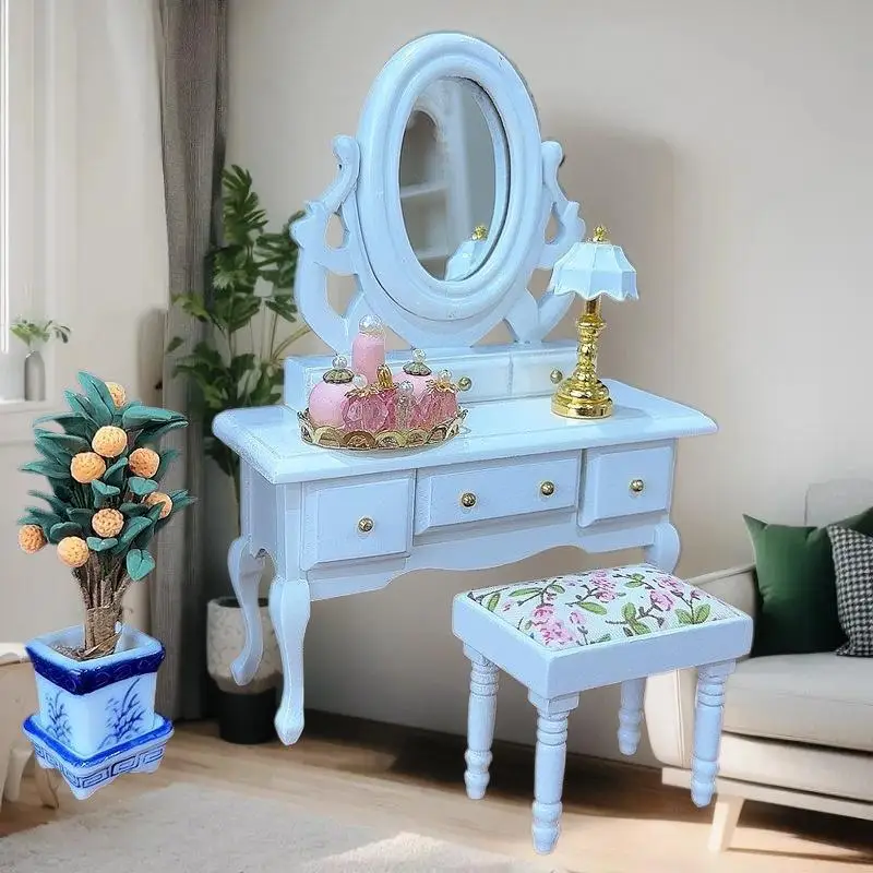

1:12 Scale Miniature Dollhouse Furniture Dressing Table with Mirror; Perfect Pretend Play Toy and Gift for Kids