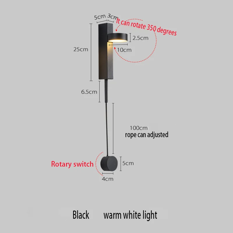 LED 손잡이 스위치 벽 램프, 모던한 미니멀리스트 실내 9W 벽 조명, 표면 장착, 침대 머리맡 돌출, 검정색 황금 통로 조명