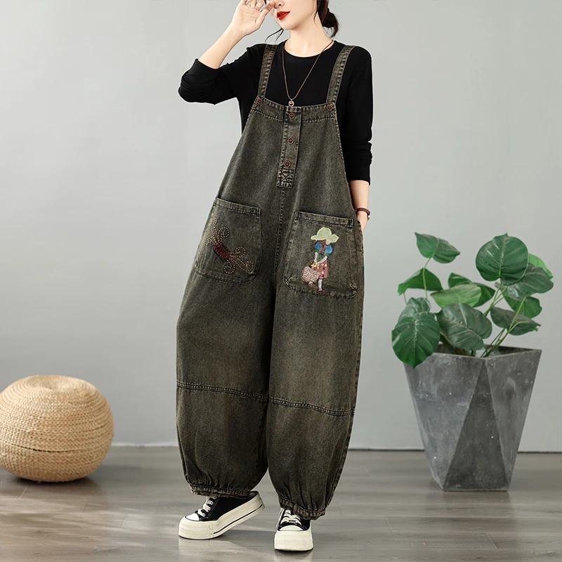 plus Size Embroidered Casual Versatile Fashionable Denim Overalls Spring Autumn High Waist Long Pants Women's Premium Jeans