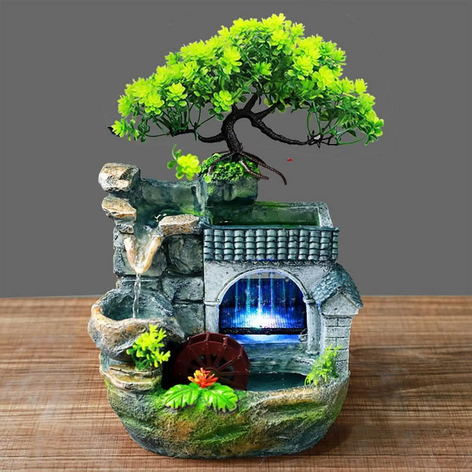 Fontanna stołowa z kolorowym światłem US 110V wtyczka krajobrazowa 20x15x26cm z pompką Mini wodospad do sypialni wielofunkcyjny