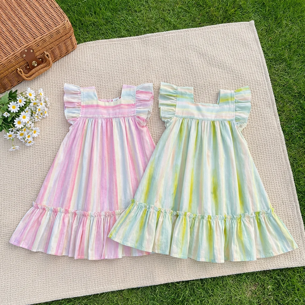 Rainbow Ombre Stripe Tiered Dress for Girls – Collar & Flutter Sleeve Design, Lightweight Cotton-Feel Fabric