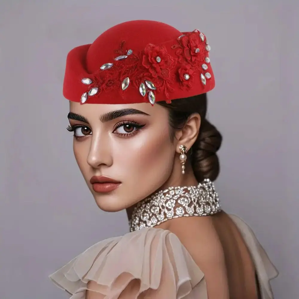 

Retro Vintage Topper Hat Rhinestone Flower Pillbox Hat Solid Color Lace Felt Beret Performances