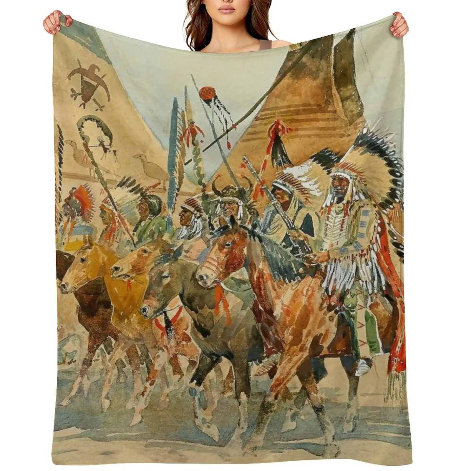 

Indian Chiefs with Standards by Edward Borein Throw Blanket Plaid christmas gifts Custom Blankets