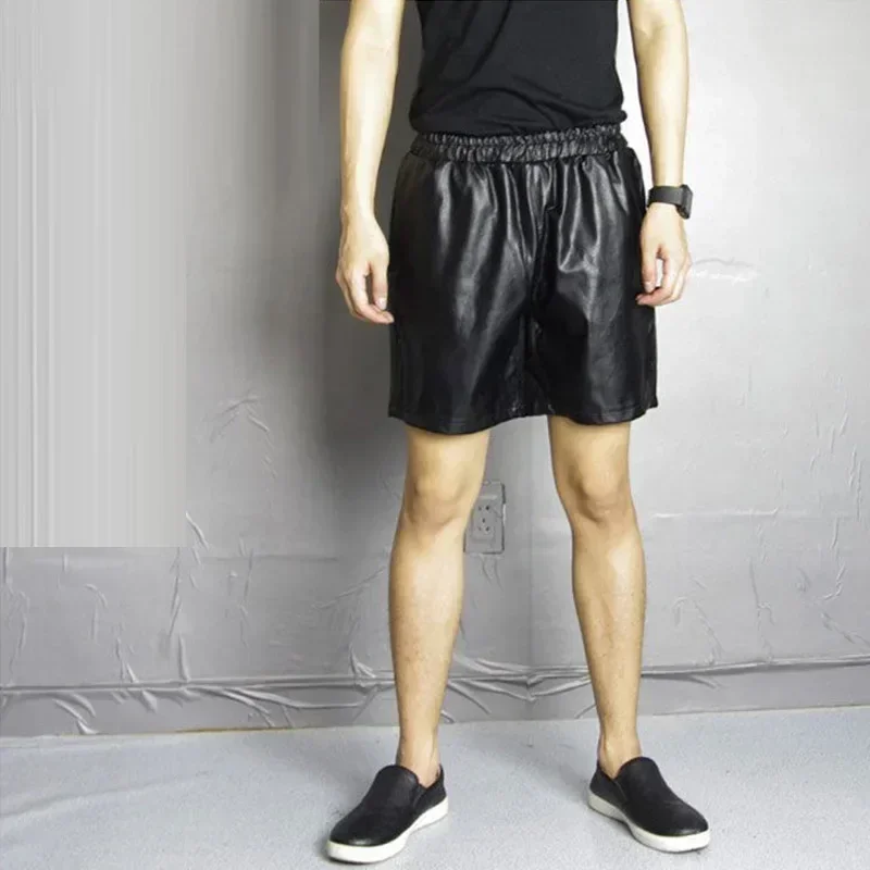 

Men Black Matte PU Leather Elastic Band Shorts Male Casual Faux Leather Loose Short Pants With Pocket New Hot Chic Summer Custom