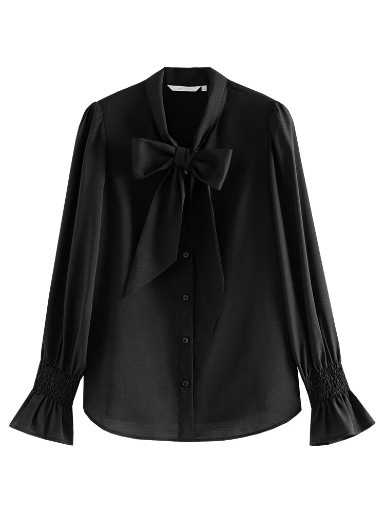 FSLE French Bow Shirt Women\'s Spring 2024 New Long sleeved Ribbon Shirt Pink Black Women Casual Loose Shirts 24FS11262