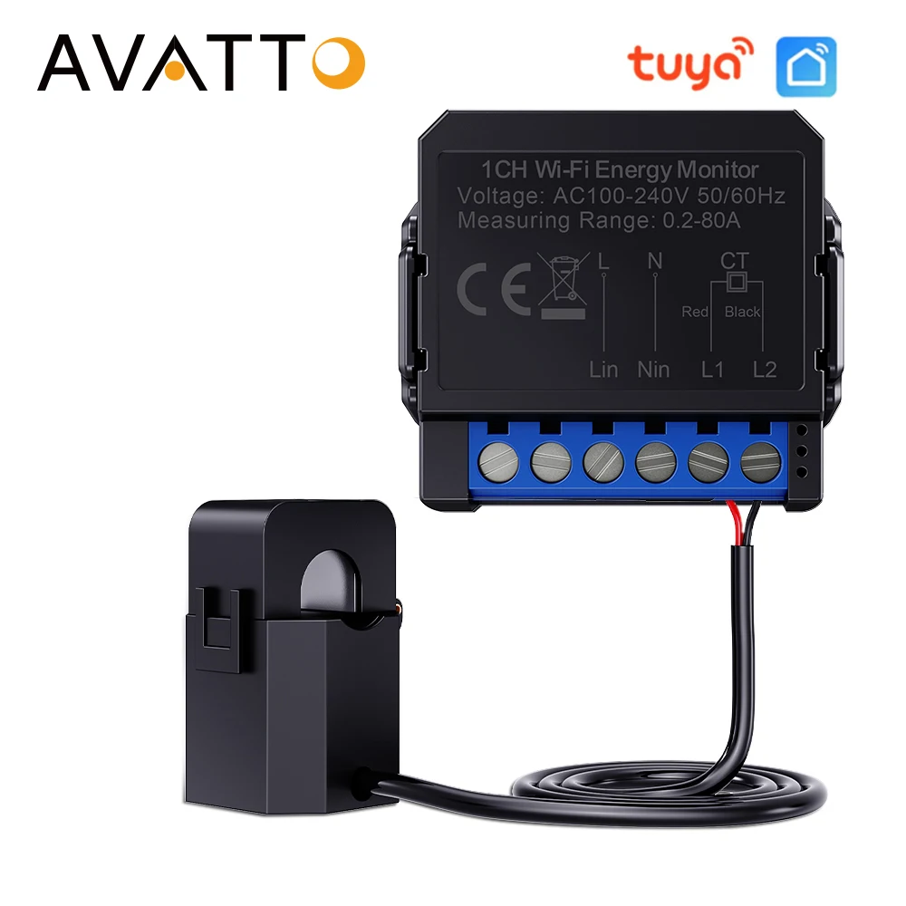 AVATTO Tuya WiFi Energy Meter 80A with Current Transformer Clamp KWh Power Monitor Electricity Smart Life APP Remote Control