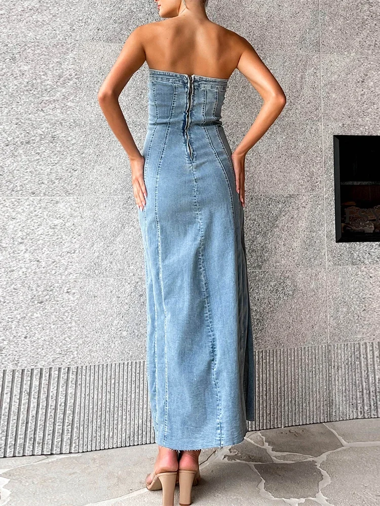 Imagem -05 - Trauxy-vestido Jeans Bodycon com Fenda Lateral para Mulheres Vestidos Maxi sem Mangas Streetwear Sexy de Rua Outono Novo 2023