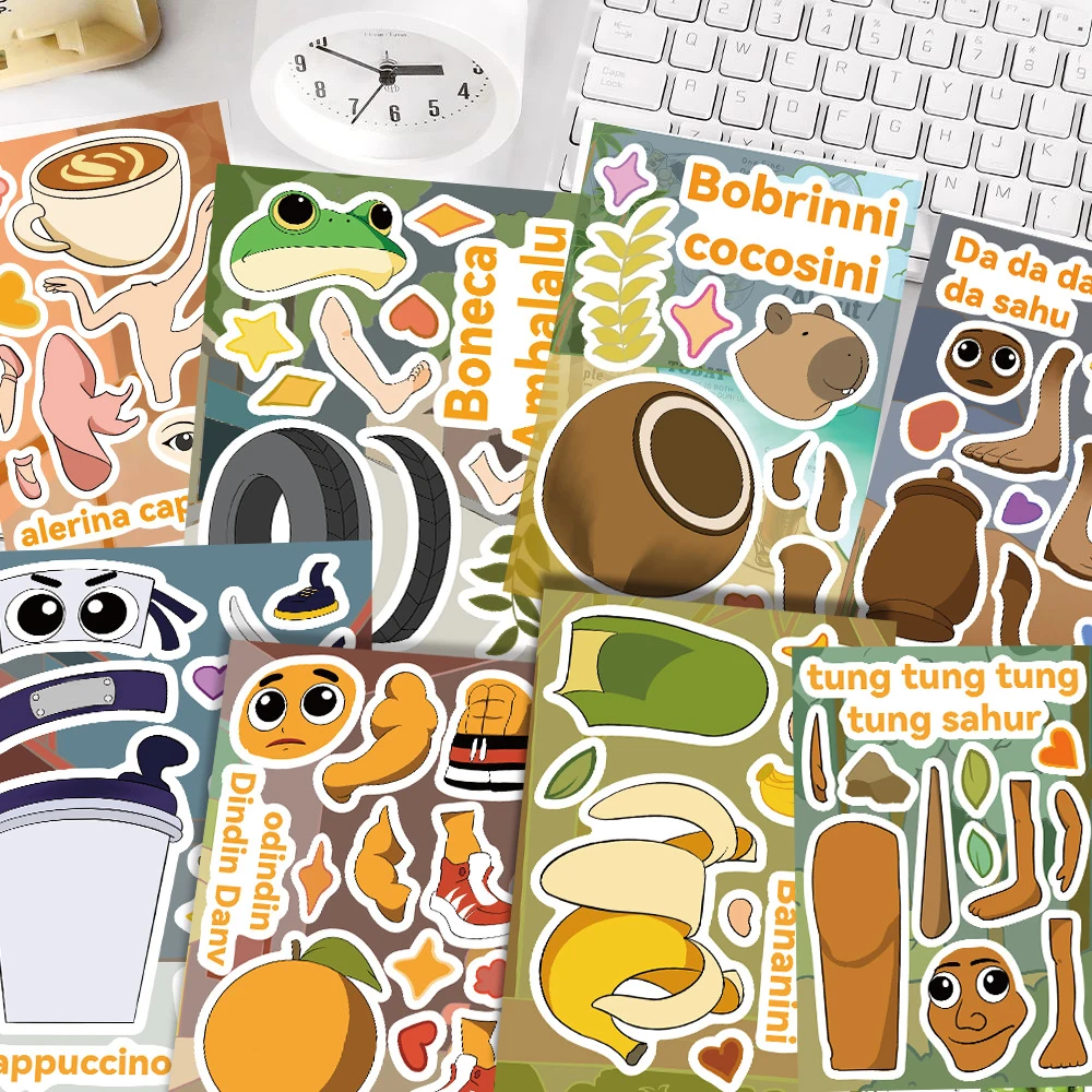 

8/16sheets Tung Tung Tung Sahur Puzzle Stickers Funny Cartoon Abstract Animals Make a Face Children DIY Assemble Jigsaw Decals