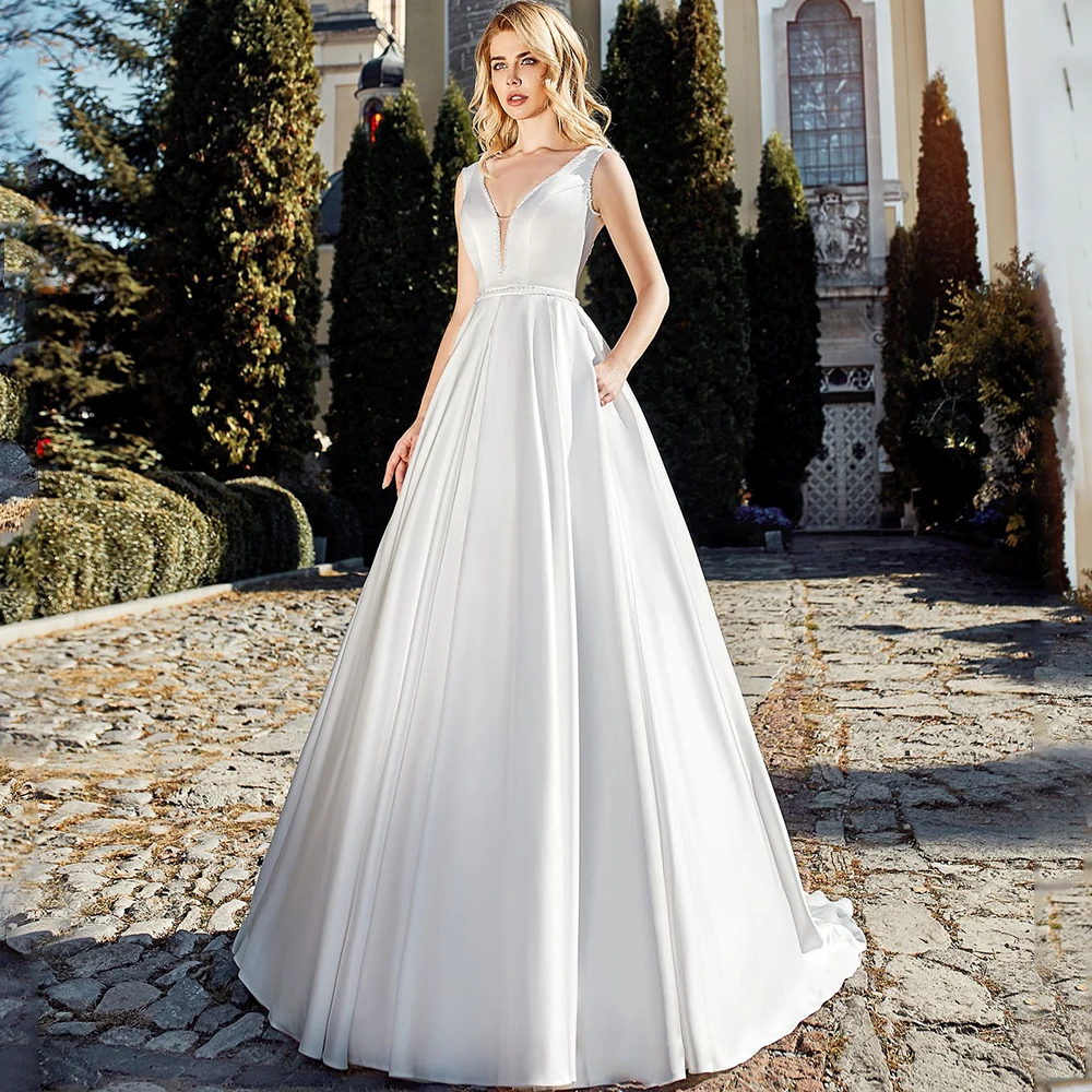 High Quality Satin Wedding Dress Deep V-Neck Sleeveless Backless Bridal Gown Beading Neck Belt Pocket Formal Church Bride Robe