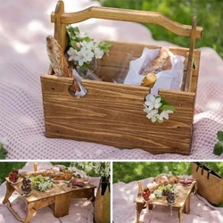 Wooden Folding Table Portable Outdoor Beach Camping Garden Furniture Picnic Desk Tea Wine Glass Holder Storage Basket Burlywood