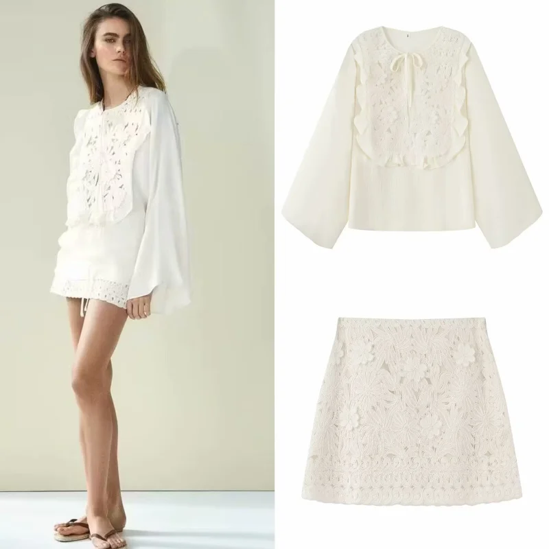 

2025Новая модная повседневная рубашка с круглым вырезом на шнуровке и вышивкой + комплект короткой юбки с вышивкой