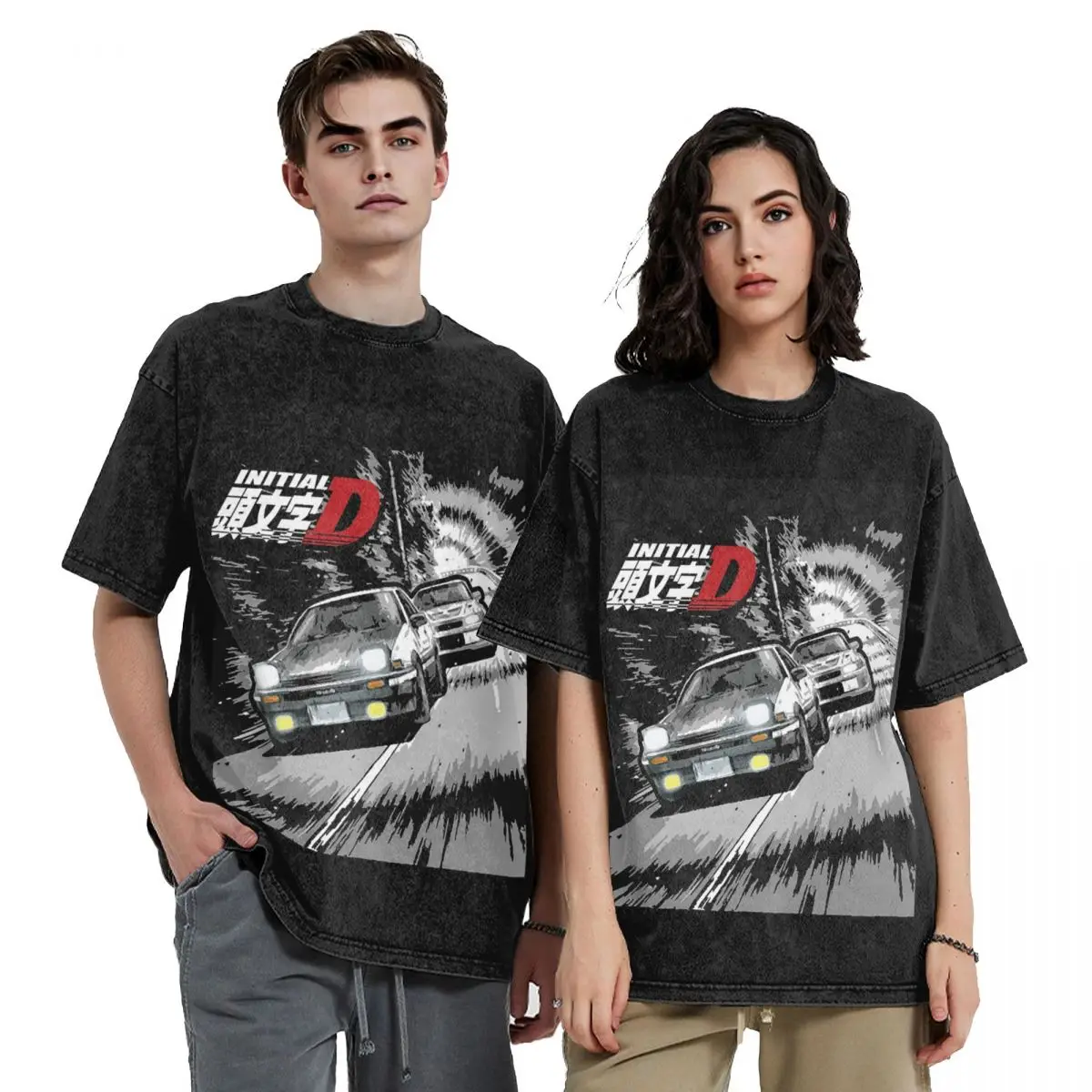 Initial D - Mountain Drift Racing AE86 Washed T Shirts Casual Short Sleeve Hip Hop T-Shirt Streetwear Tops Tees for Men Women