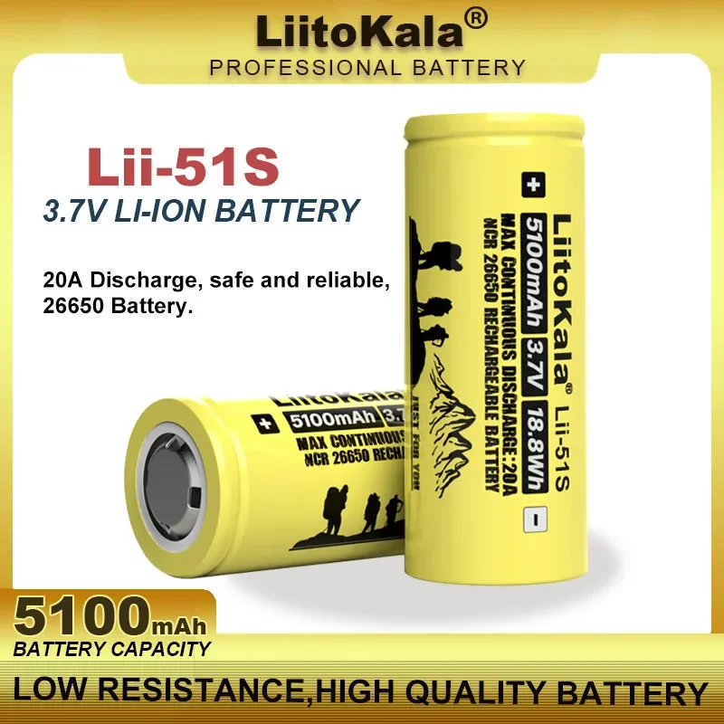 1-5PCS Liitokala LII-51S 26650 20A Power Rechargeable Lithium Battery 26650A 3.7V 5100mA Suitable for Flashlight