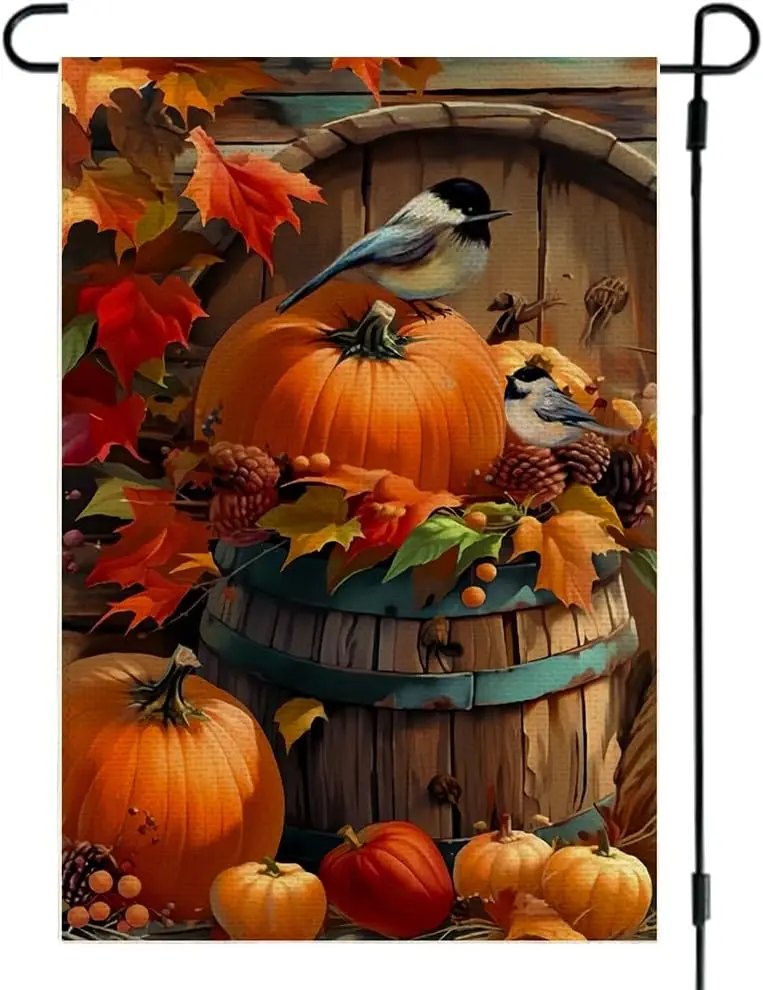 RABUSOFA Fall Garden Flag 12x18 Inch Double Sided for Outside, Thanksgiving Autumn Bird Barrel Pumpkins Maple Leaves Outdoor Sea