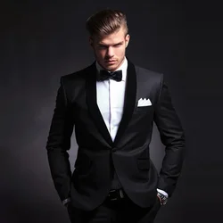 Black Suits for Men Wedding Groomsmen Single Breasted Shawl Lapel Jacket Pants Two Piece Terno Blazer Slim Fit Male Clothiing