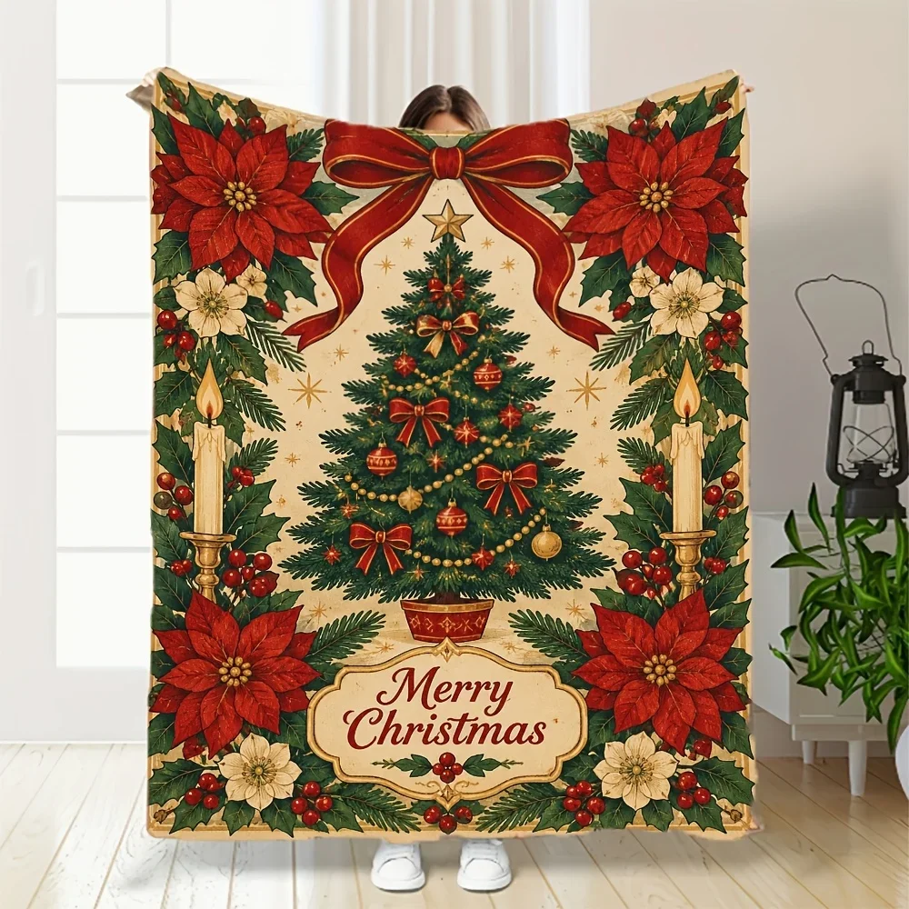 Christmas Holiday Throw Blanket Soft Flannel Santa Xmas Tree Snowman Print Warm Blanket for Bedroom Sofa Travel Christmas Decora