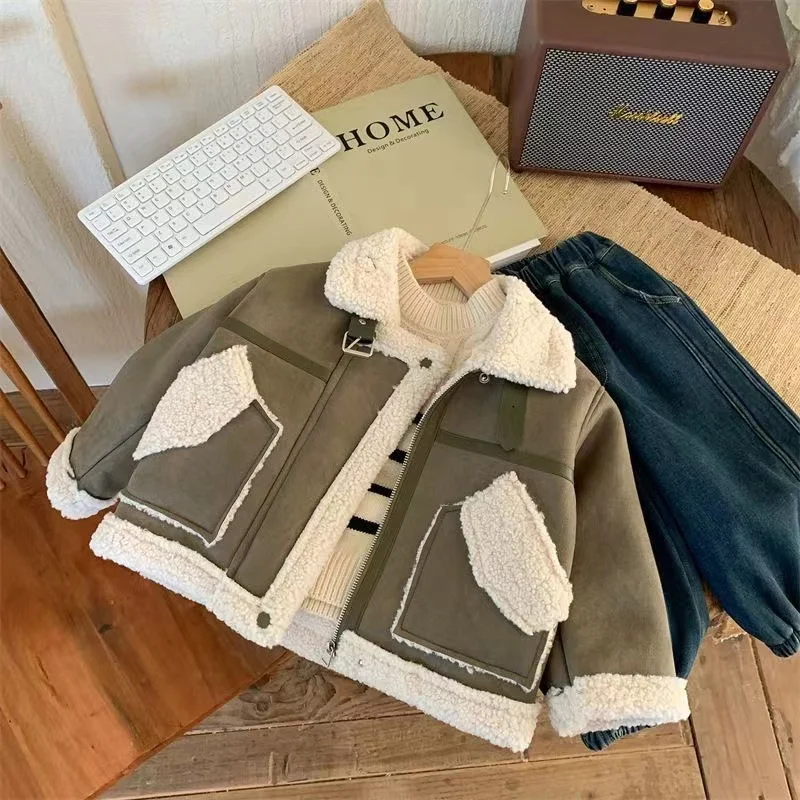 2024 New Boys Autumn and Winter Children\'s Outerwear Thickened Lamb Wool Outerwear Casual and Cute Warm Girl Cotton Jacket