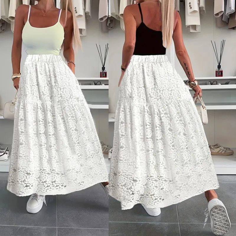 

Elegant Women's White Product Fashionable Printed Elastic Waistband A Swing Long Lace Skirt For Spring And Summer Casual Skirts