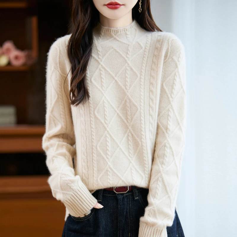 

100% мериносовая шерсть, женский осенне-зимний вязаный клетчатый пуловер с длинными рукавами, утепленная женская одежда, вязаные топы