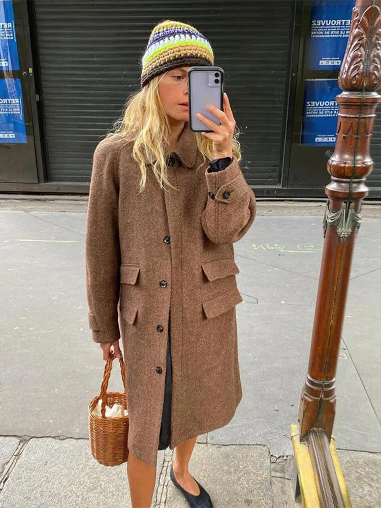 

Women Fashion Woolen Long Coats Casual Single Breasted Cuff Buttons Loose Overcoat 2024 Autumn New Female Commute Outwear