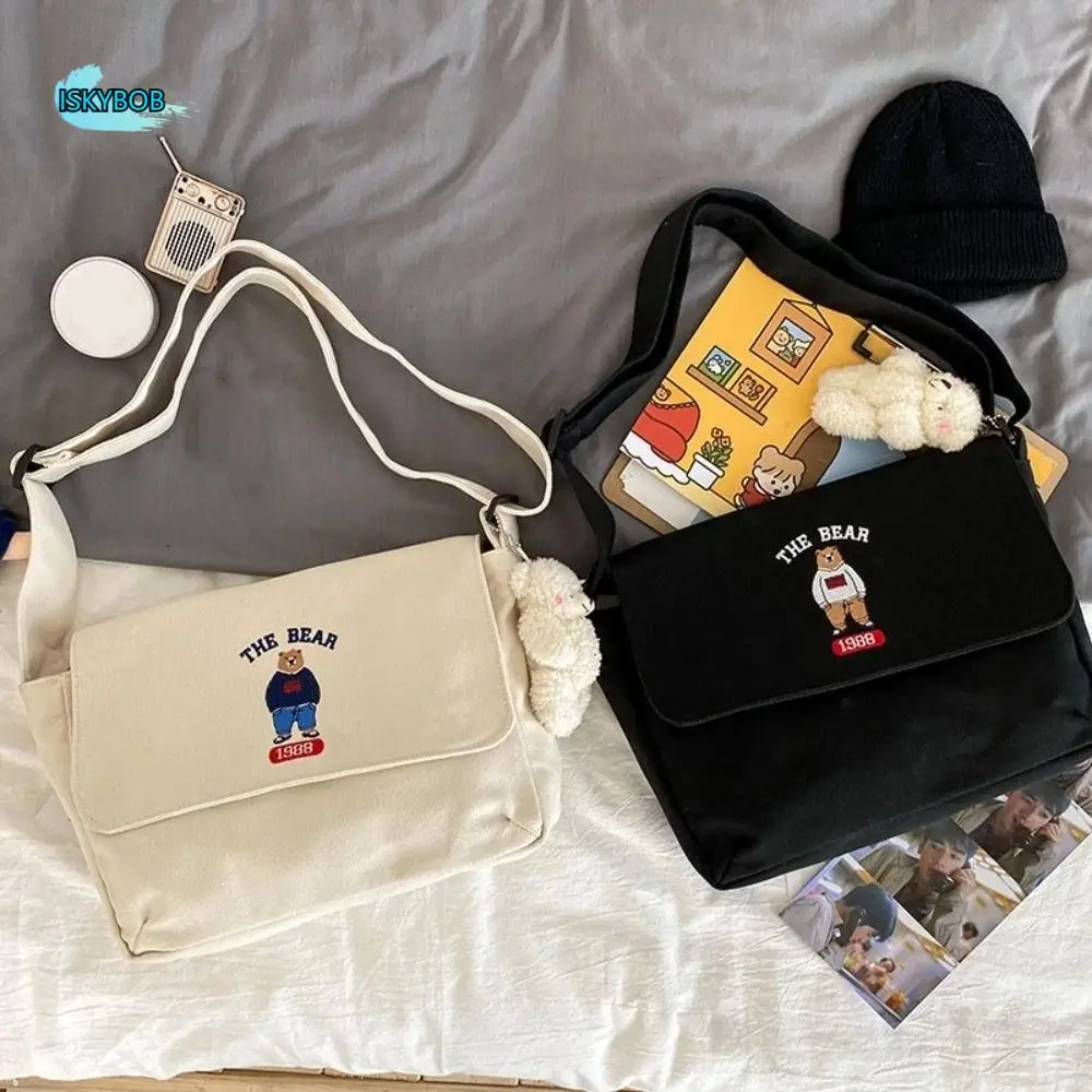 

Simple Canvas Embroidery Bear Shoulder Bag Cute Large Capacity Cartoon Tote Bag Japanese Style Crossbody Bag Student