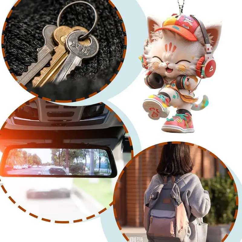 Cat Car Pendant Car Kitten Wearing Headphone Rearview Mirror Accessories Cute 2D Acrylic Animal Pendants For Christmas Tree Car