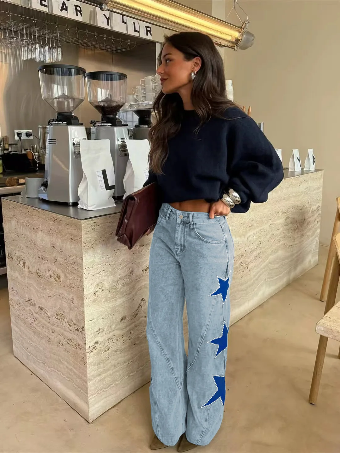 

Новые женские джинсы 2026 года с принтом звезд, свободные прямые, повседневные, модные, из денима, с высокой талией