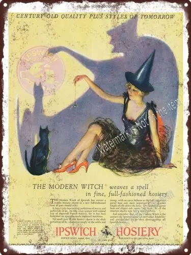 1927 IPSWICH Hosiery Stockings Black Cat Witch Halloween Metal Sign 9x12