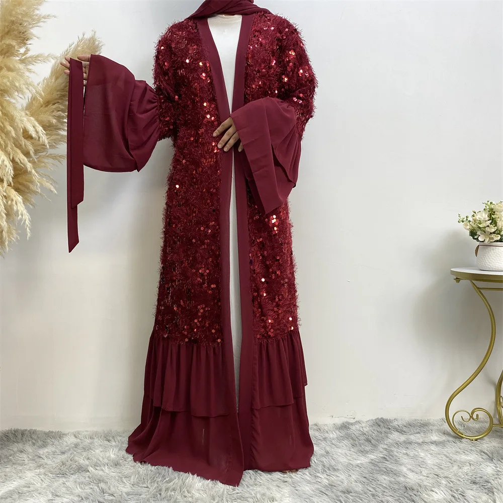 Imagem -04 - Abaya com Lantejoulas e Borla para Mulheres Muçulmanas Quimono Eid Kaftan Dubai Vestido Turquia Jalabiya Islâmico Manto Ramadan Vestido Muçulmano