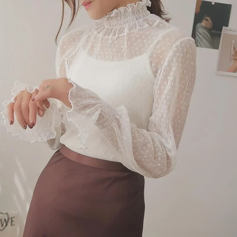 Mesh Lace Womens Blouses Elegent Stitching Puff Long-sleeved Blouses O-neck Polka Dot Office Ladies Shirts Tops 2022