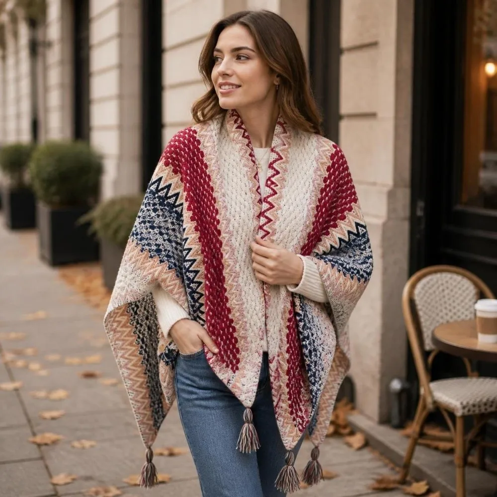 Striped Pattern Knit Poncho Cape Ethnic Print Oversized Tassel Knit Shawl Open Front Long Tassel Shawl Wrap Cardigan