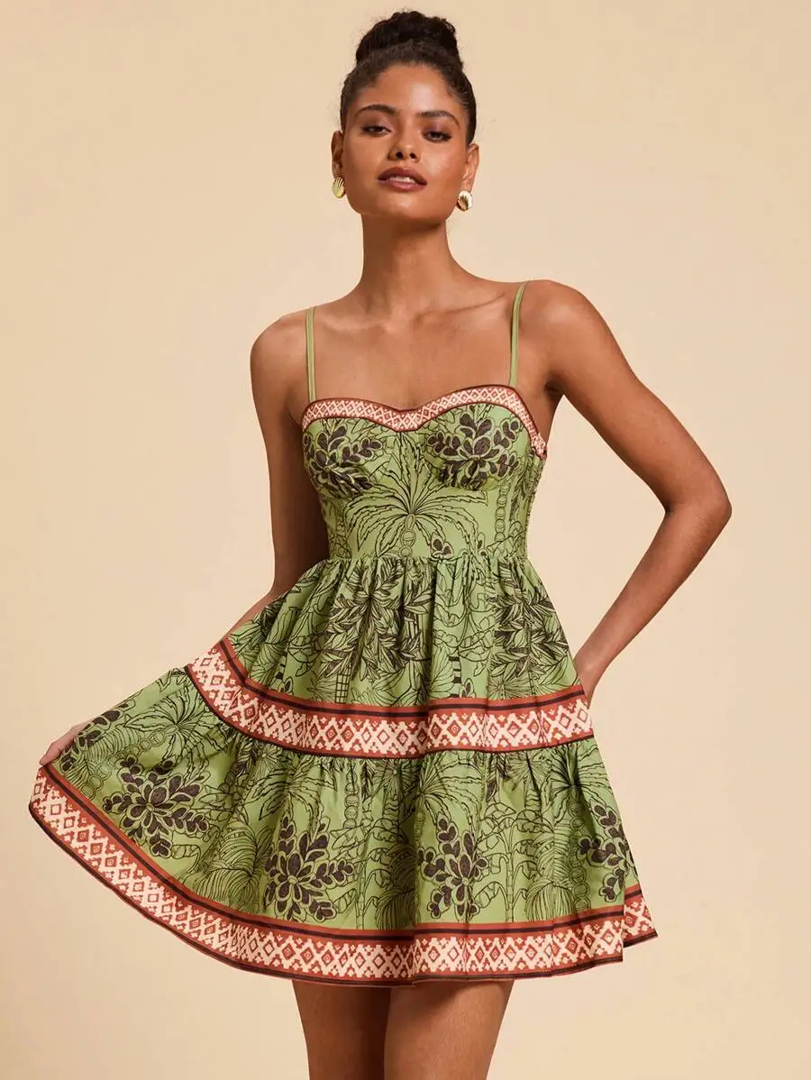 

Женское зеленое мини-платье с цветочным принтом, на тонких бретелях, с многослойной юбкой
