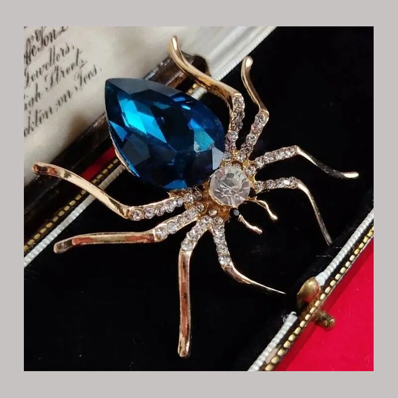 Spilla grande per gioielli con ragno blu in cristallo stile vintage