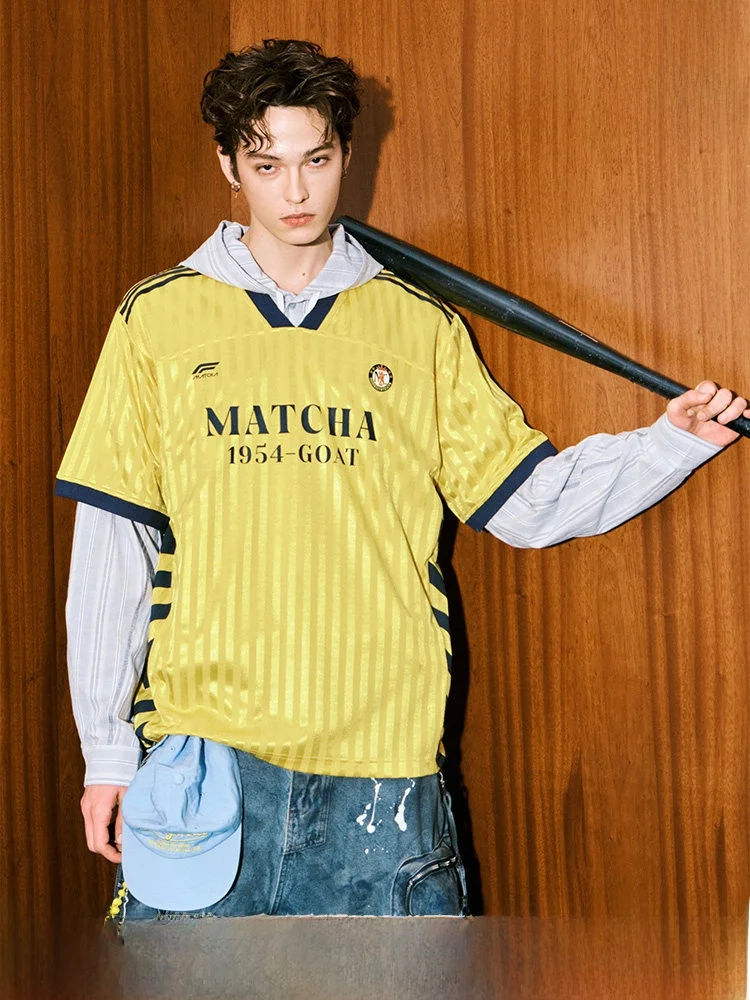 Matcha Story Unisex Loose Fit Short Sleeve T-Shirt V-Neck Cool Feeling Summer Sport Style Football Design Printed Casual Top