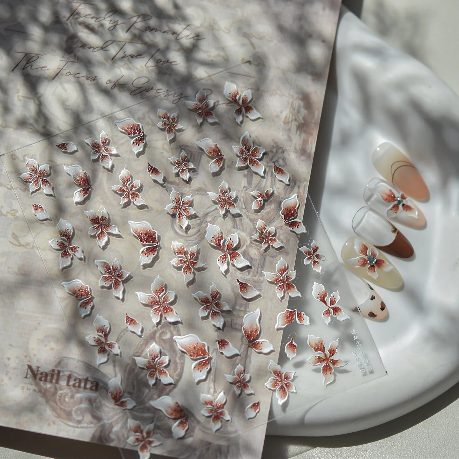 Vintage Exquisite Flower Peony Peach Blossom Magnolia Wildflower Chinese Metal Pearl Rhinestone Nail Art Stickers Manicure Decal