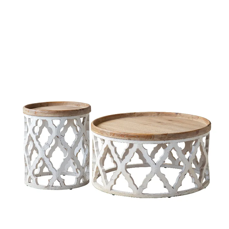 

French retro round coffee table solid wood living room coffee table combination wabi sandy wind B & B log hollow design