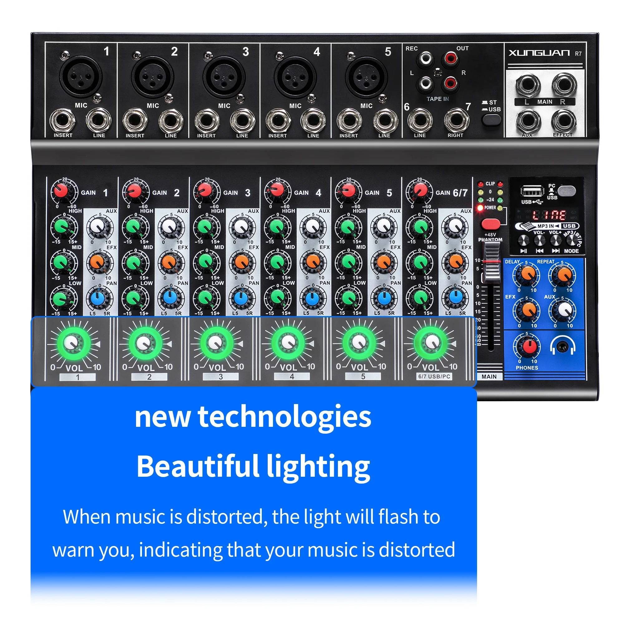 7 Channel bluetooth Live Studio Stereo Audio Mixer Sound Mixing DJ USB PC Console。48V phantom power supply.monitoring/effects