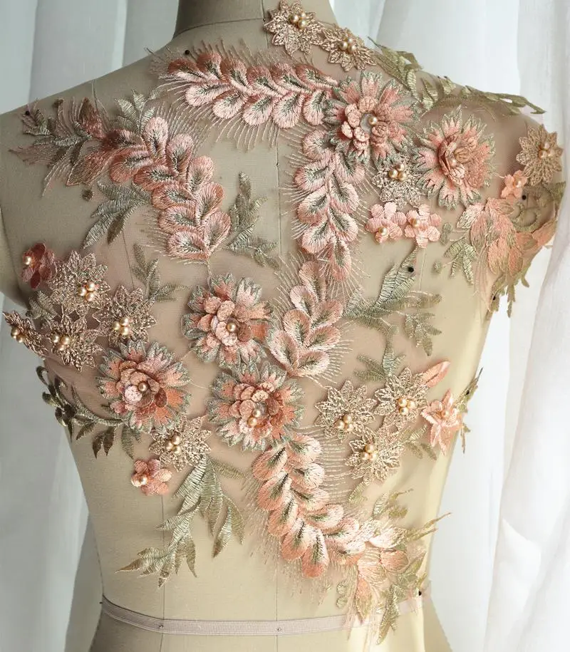 

3D Champagne flower beaded embroidered patch applique for wedding evening dress sewing patches fashion clothing accessories