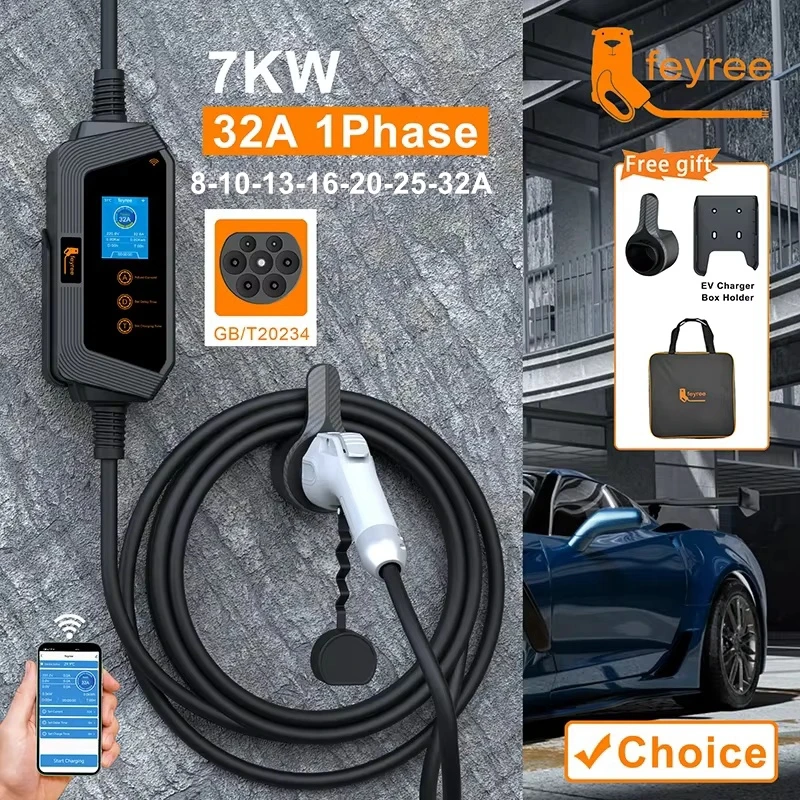 feyree 7KW 32A Adjustable EV Charger GBT Socket APP Bluetooth Version Set Charging Time EVSE Charging Box for Electric Vehicle