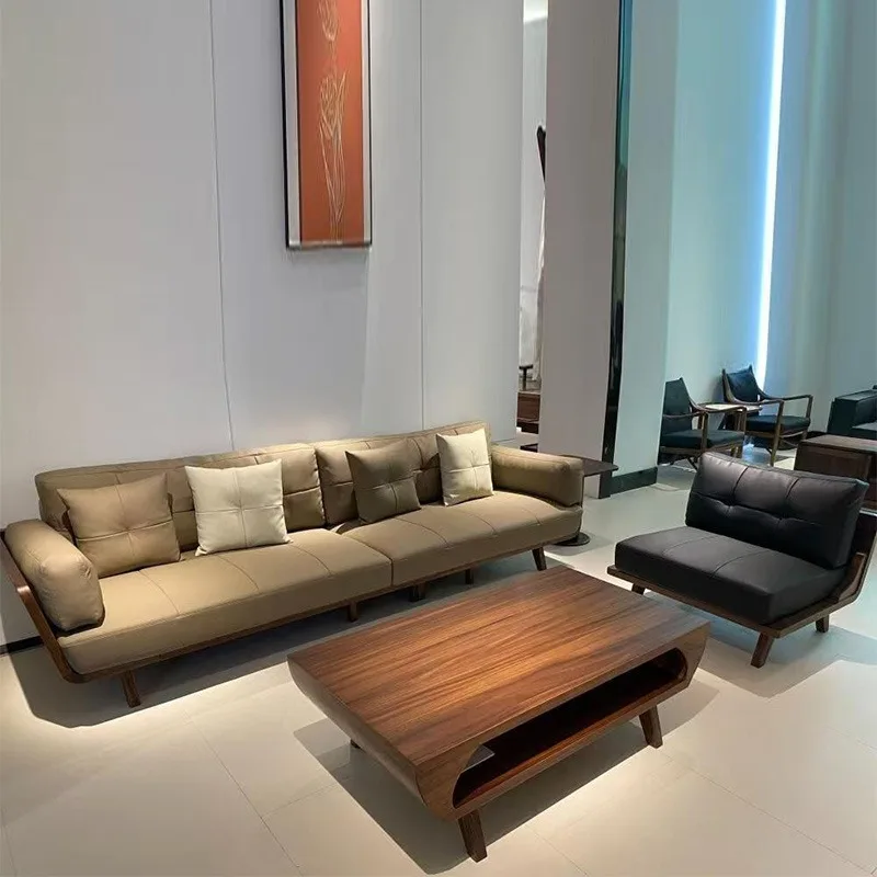 Sofa combination size apartment solid wood, leather living room sofa combination