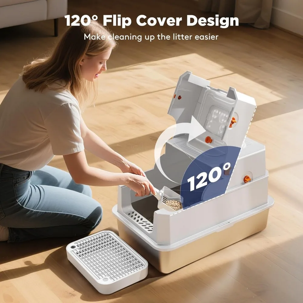 صندوق نفايات القطط المعدني المغلق كبير جدًا للقطط الكبيرة، صندوق نفايات من الفولاذ المقاوم للصدأ عالي الجوانب XL مع غطاء، مثالي للقطط الكبيرة #2
