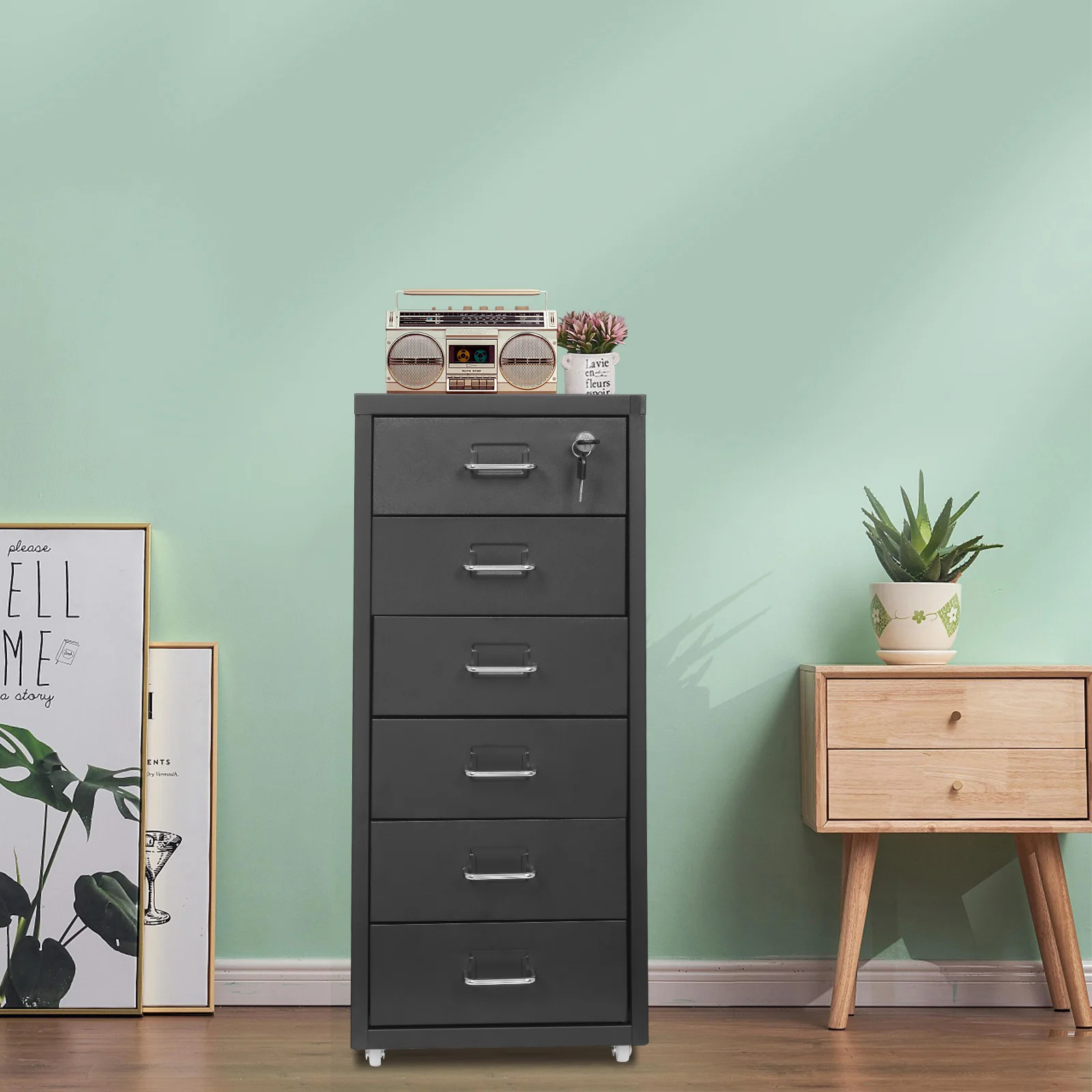 

6-Tier Black Metal File Cabinet with Lock & Wheels, Vertical Filing Storage for Home Office, Modern Steel Cabinet, 28x41x69cm