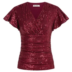 GK Women Ruched Sequined Tops Casual Short Flounce Sleeve Surplice V-Neck Tops