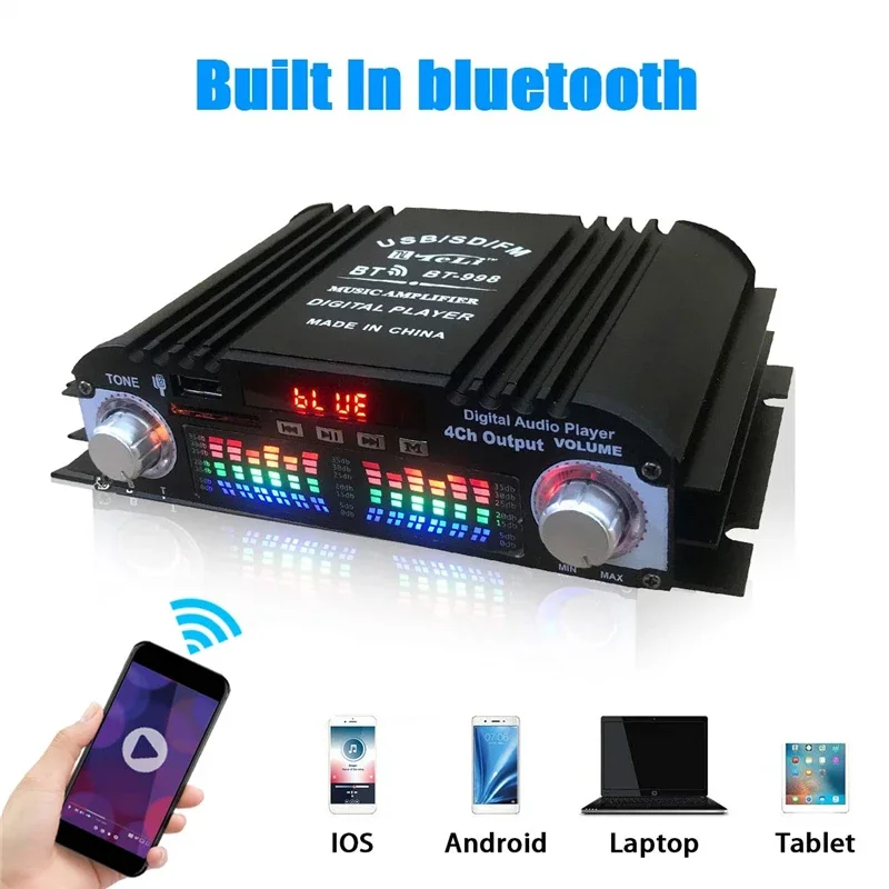 BT-998 12V/220V Mini bluetooth HiFi Power Amplifiers Stereo Car Home Audio Digital Sound Amplifier LCD Display FM SD USB Bass