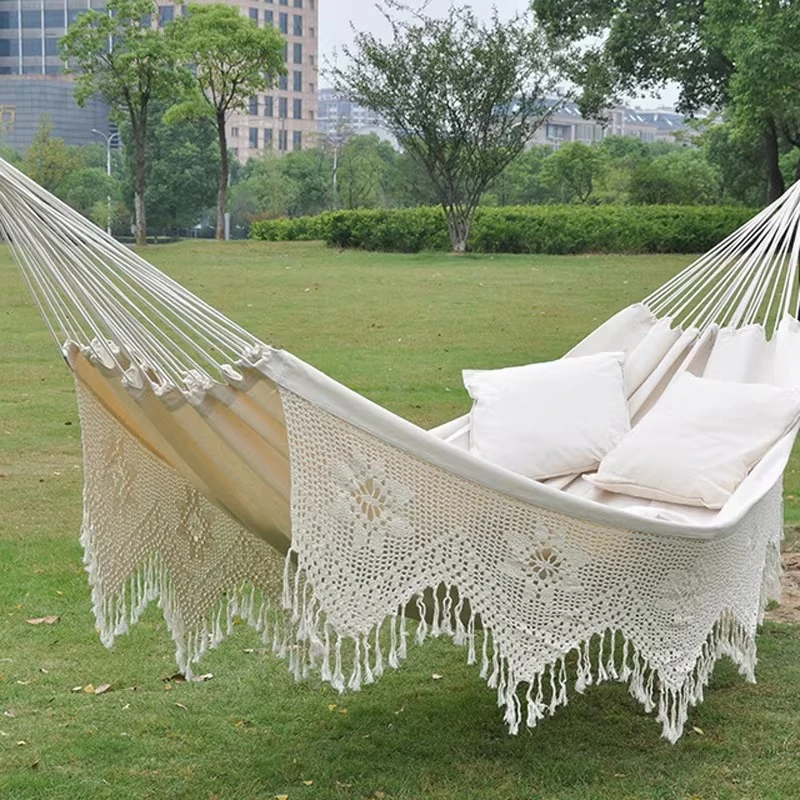 

Fringed hammock, double camping villa park, hotel outdoor swing white cotton