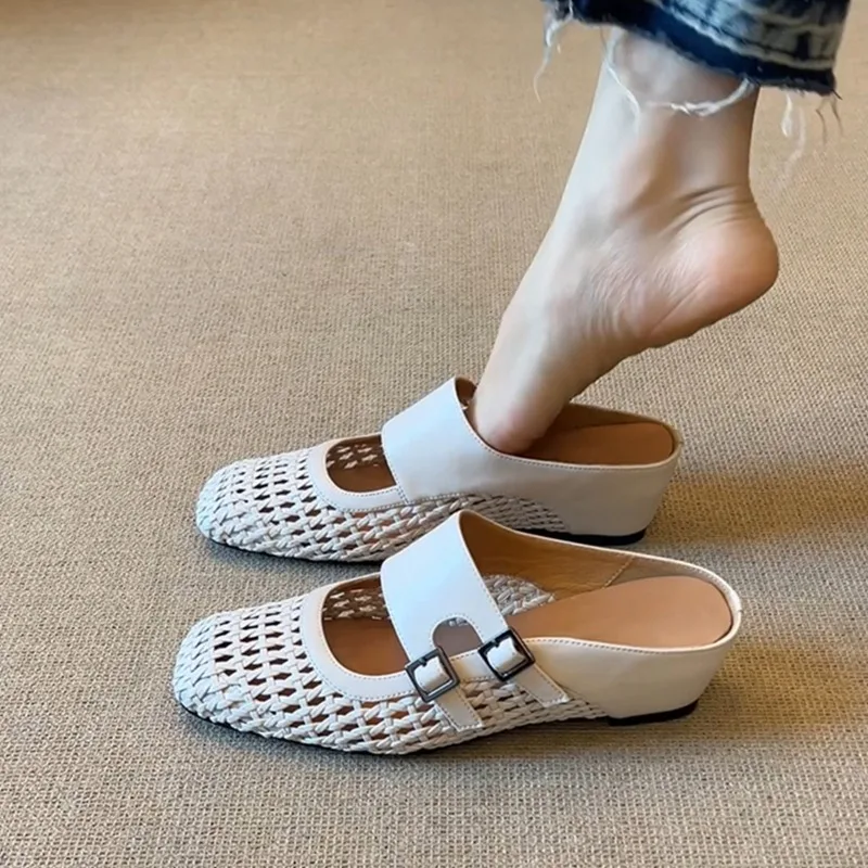 

2026 New Simple Breathable Square Head Woven Hollow Double Belt Buckle Inner Heightening Baotou Women's Slippers