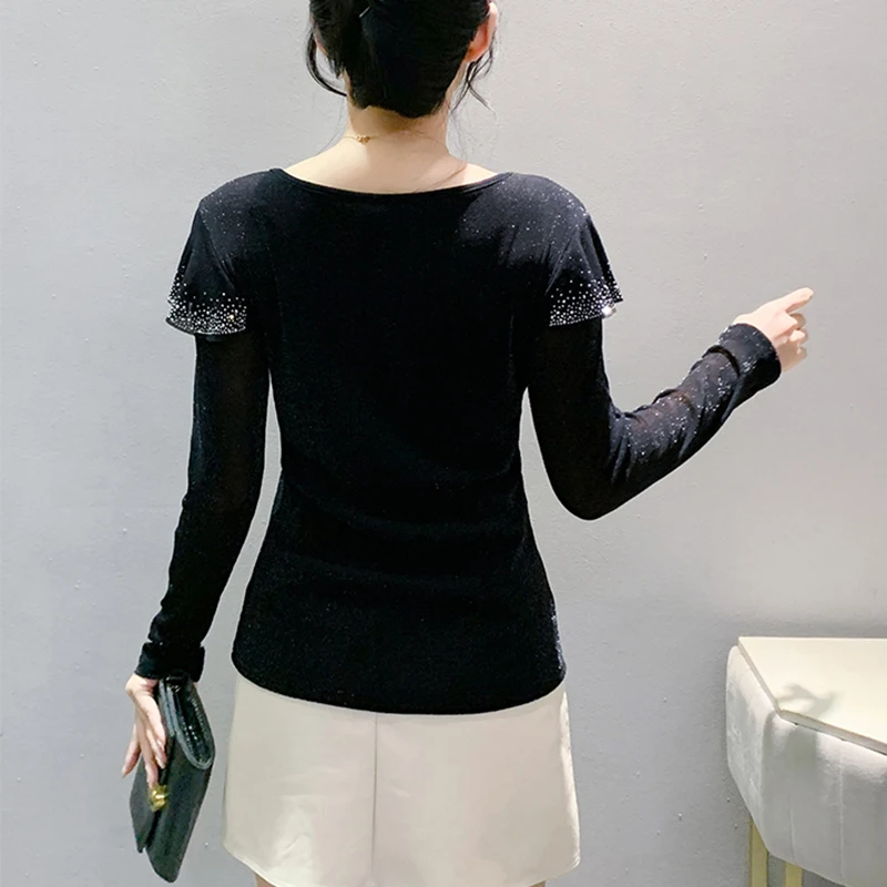 Black,Korean,Style,Fall,Winter,Mesh,T-shirt,Chic,Sexy,V-Neck,Spliced,Love,Diamonds,Women,Tops,Ruffles Sleeve,Tees,2024,New,41017