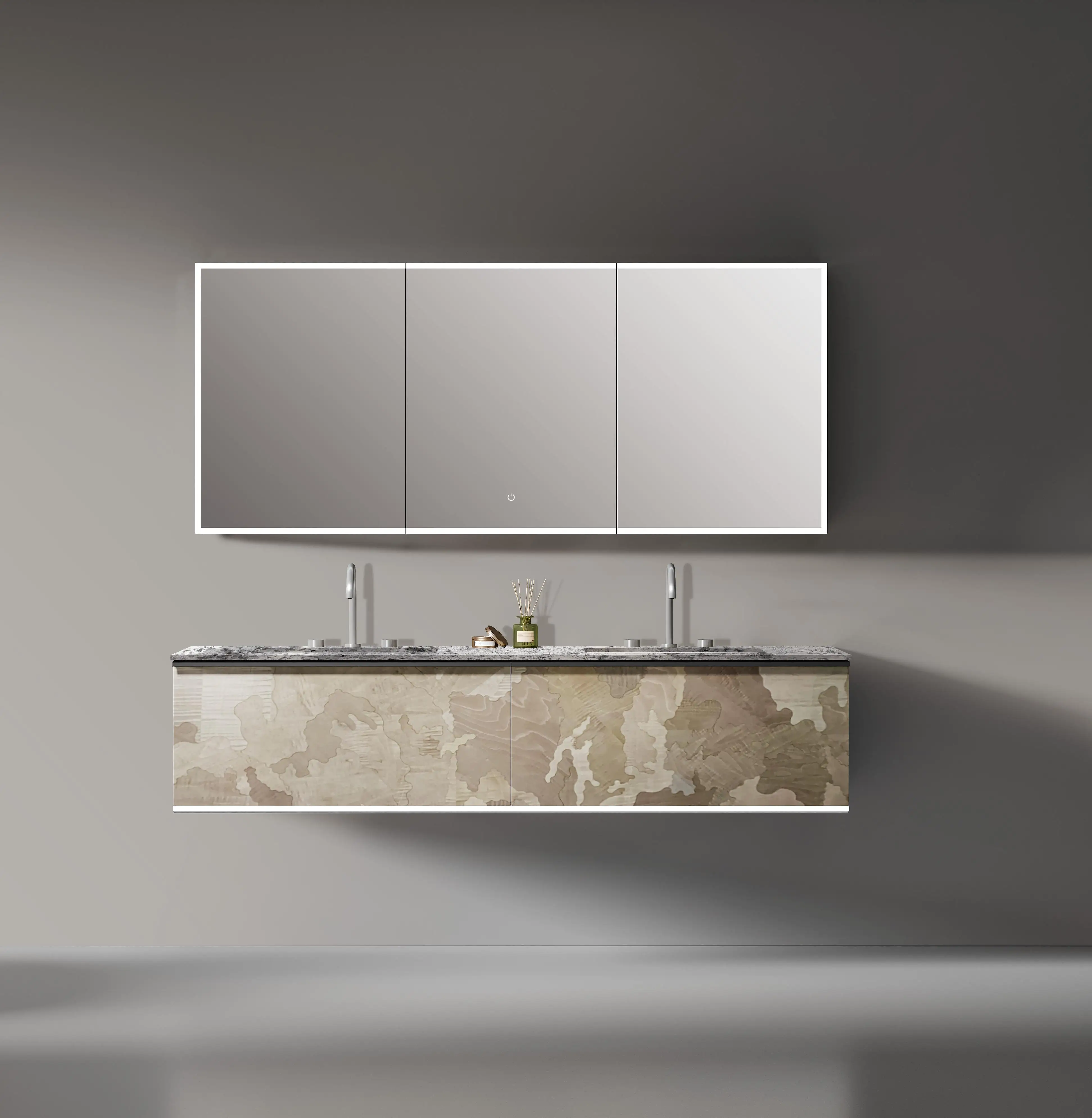 Modern Minimalist Design Rectangle Solid Wood Bathroom Cabinet Hot Sales Wall Mounted Smart Mirror Rock Slab Countertop Features