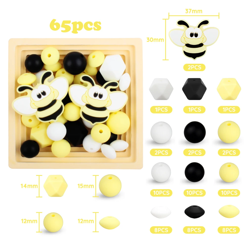 65Pcs/Set honeybee Silicone Beads Baby Hexagon Round Teething Beads Teether Set DIY Pacifier Chian Jewelry Nursing Accessory