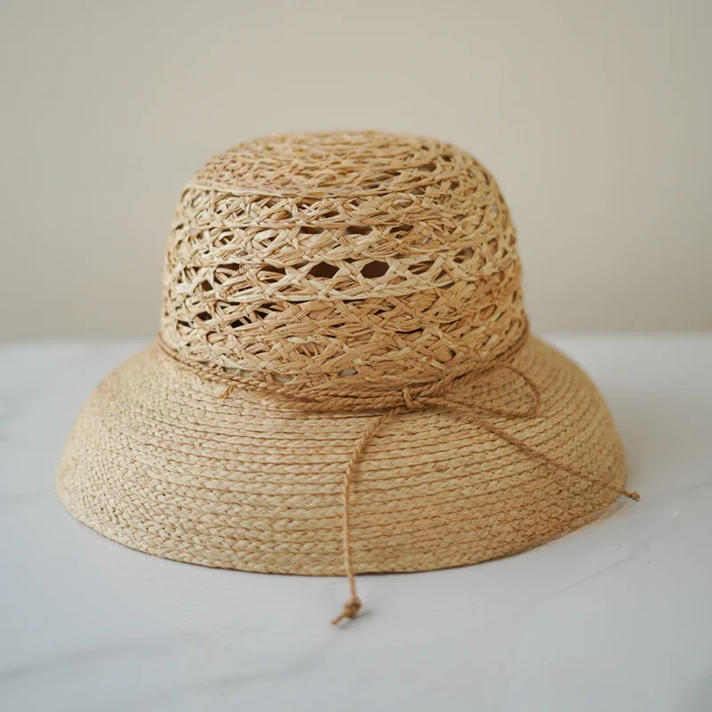 USPOP Hand-woven Hollow Raffia Straw Hat for Women Bow Knot Beach Sun Hat